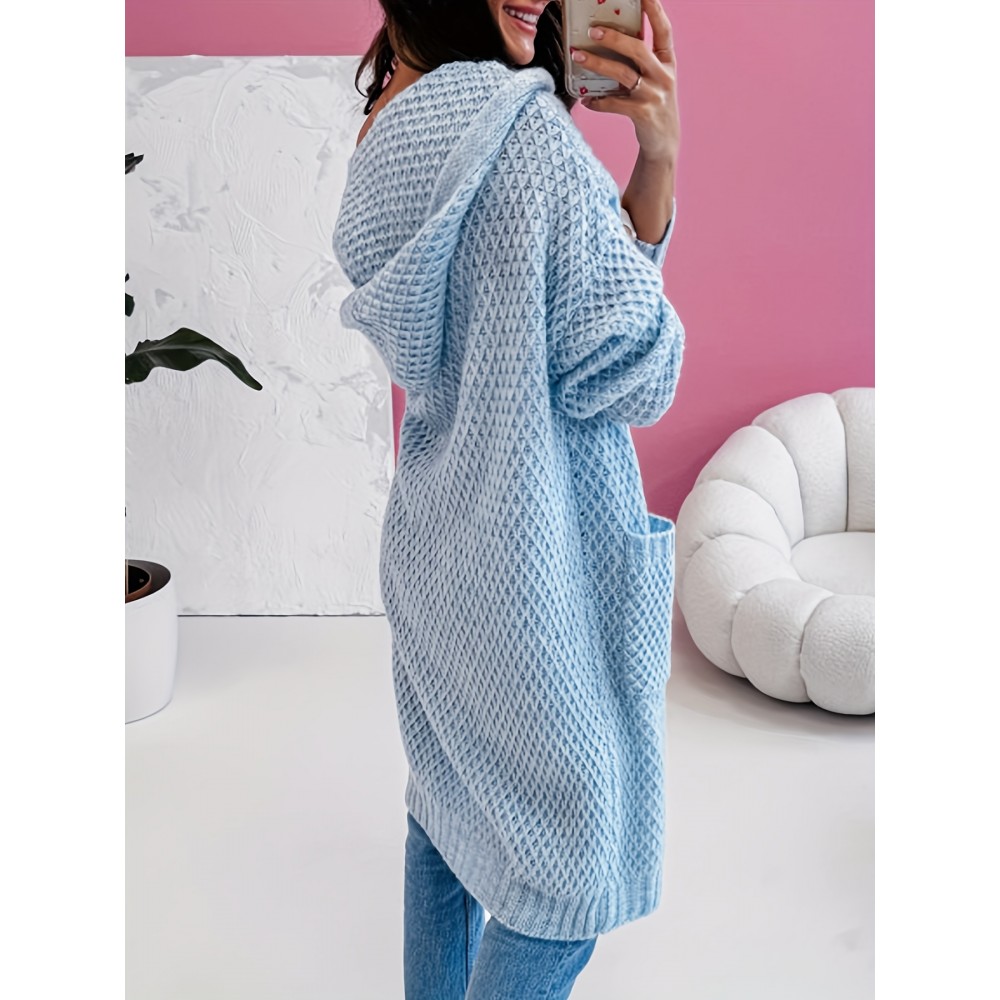 Solid Color Hooded Long Pocket Women's Cardigan - New Autumn/Winter Casual Loose Sweater Jacket