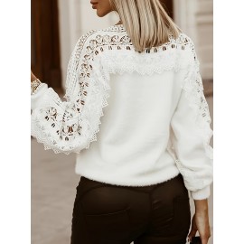 Women's Off-Shoulder Sweater with Puff Sleeves & Lace Cut-Outs - Semi-Sheer Long Sleeve Pullover for Fall Winter, Casual Chic Layering Top, Sweater, Intricate Knitwork
