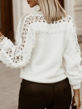 Women's Off-Shoulder Sweater with Puff Sleeves & Lace Cut-Outs - Semi-Sheer Long Sleeve Pullover for Fall Winter, Casual Chic Layering Top, Sweater, Intricate Knitwork