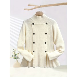Women'S Elegant High Neck Long Sleeve Sweater - Winter Coat-like Top with Button Front, Stretchy Fabric, Long Sleeve Pullover for Fall/Winter, Everyday & Formal Outfits - Women'S Sweater, Sweater, Fall Fashion, Office Wear, Stylish Knitwear
