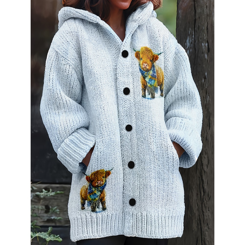 Retro Style Cow Print Hooded Cardigan with Loose Buttons and Pockets Women's Long Sweater Jacket for Early Autumn