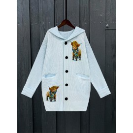 Retro Style Cow Print Hooded Cardigan with Loose Buttons and Pockets Women's Long Sweater Jacket for Early Autumn