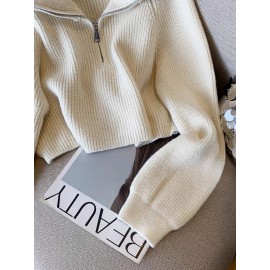 Women's Elegant Ribbed Zip-Up Sweater - Long Sleeve Stand Collar Short Length Slim Fit, Solid Color All-Season Versatile Layering Piece