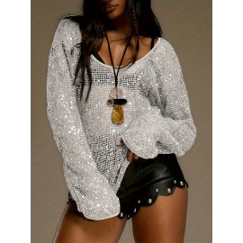 Sequined Hollow Mesh Round Neck Long Sleeve Women's Pullover, Sexy Loose Sheer Ladies Top, Versatile Nightclub Party Outfit