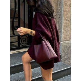 Women's Elegant Oversized Long Sleeve Sweater - Burgundy (Deep Red) All-Season Round Neck Sweater Coat, Loose Fit Tunic Jacket for Casual & Formal Wear, Machine Washable Versatile Blazer