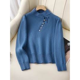 Women's Thick & Soft Sweater with Bow Buttons - Winter Warm Round Neck Long Sleeve Cozy Sweater, Beige & White Cable- Design, All-Season Casual Elegant Pullover for Fall and Winter Layering, Hand Wash or Dry Clean, Solid Color with Bow Detail, Medium Stretch, Relaxed Fit, Fleece Lining for Extra Warmth, Chic and Comfortable for Casual Attire, Cozy Sweaters For Women, Casual Long Sleeve Sweater, Oversized Knit Sweater, Colourfull Loose Sweater For Women,