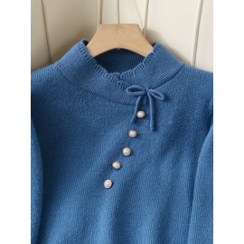 Women's Thick & Soft Sweater with Bow Buttons - Winter Warm Round Neck Long Sleeve Cozy Sweater, Beige & White Cable- Design, All-Season Casual Elegant Pullover for Fall and Winter Layering, Hand Wash or Dry Clean, Solid Color with Bow Detail, Medium Stretch, Relaxed Fit, Fleece Lining for Extra Warmth, Chic and Comfortable for Casual Attire, Cozy Sweaters For Women, Casual Long Sleeve Sweater, Oversized Knit Sweater, Colourfull Loose Sweater For Women,