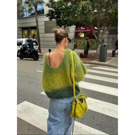 Women'S Elegant French-Inspired V-Neck Long Sleeve Cardigan - Gradient Green to Yellow, Open Front Design, Lightweight & Breathable for Spring/Fall, Perfect for Casual or Stylish Outfits, Spring Outerwear, Relaxed Fit, Soft Texture, Women Jumper And Sweater, Jumper Women Winter, Fall-autumn Clothe For Women, Pink Jumper, White Pink Fabric Strip, Off-shoulder Long Sleeve, Asymmetric Mustard Sweater, Winter For Women Outfit