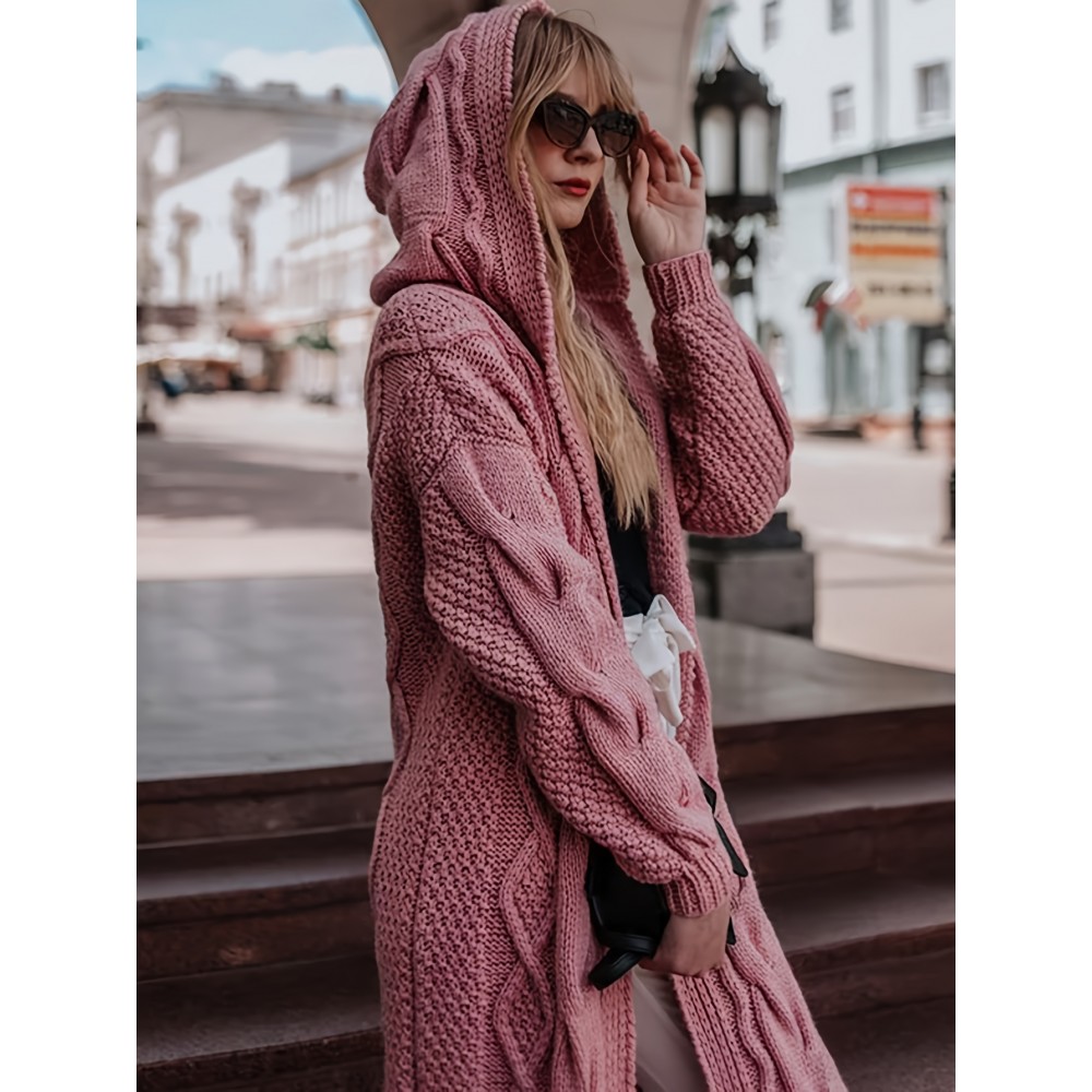 Women'S Light Pink Ribbed Cardigan - Long Sleeve Hooded Open Front Sweater with V-Neck, Casual Fall/Winter Layering Essential for Cozy Indoor or Outdoor Wear, Cozy Fall Apparel | Vneck Design | Soft Texture