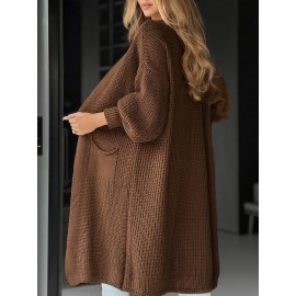 [Casual Wear Vneck Cardigan] Women's Casual V-Neck Ribbed Cardigan | Long Sleeve Button-Up with Pockets | Brown Fall/Winter Everyday Comfort