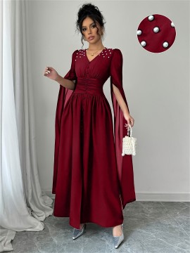 Women'S Elegant V-Neck Maxi Dress with Pearl Accents - Long Formal Party Wedding Guest Dress, Flattering Fit for Summer Events, Formal Events, Parties, Wedding Guest Attire, Vneck Design, Flowy Fabric