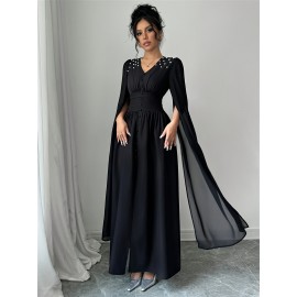 Women'S Elegant V-Neck Maxi Dress with Pearl Accents - Long Formal Party Wedding Guest Dress, Flattering Fit for Summer Events, Formal Events, Parties, Wedding Guest Attire, Vneck Design, Flowy Fabric
