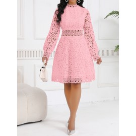 Women'S Elegant Red Lace Dress with Stand Collar & Short Sleeves - A-Line Silhouette, Zipper Back Closure, All-Season Formal & Casual Party Wedding Guest Dress