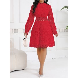 Women'S Elegant Red Lace Dress with Stand Collar & Short Sleeves - A-Line Silhouette, Zipper Back Closure, All-Season Formal & Casual Party Wedding Guest Dress