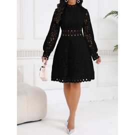 Women'S Elegant Red Lace Dress with Stand Collar & Short Sleeves - A-Line Silhouette, Zipper Back Closure, All-Season Formal & Casual Party Wedding Guest Dress