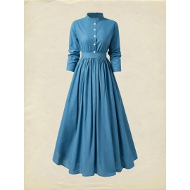 Elegant French-Inspired Vintage-Inspired V-Neck Long Sleeve Maxi Dress with Button Detail - Light Blue, Flowing A-Line Silhouette, Perfect for Summer, Adult Women'S Fashion, Casual Elegance|Vintageinspired Dress|Button Detail Dress, Wedding Guest Dresse Women Plu Size, Wedding Guest Outfit Women Plu Size, Wedding Guest Dresse Women Size, Plu Size Wedding Guest Dresse, Plu Size Women Dresse, Dress Women Offer, Vintage Dress For Women, Casual And Elegant Dress For Women, Summer Dress