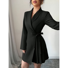 Elegant Lapel Long Sleeve Dress with Bow Tie and Pleats | Mid-Length, Solid Color, Fitted, Perfect for Spring/Fall, Commute and Party Essentials
