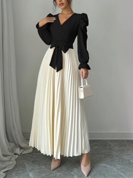 Women's Elegant V-Neck Long Sleeve A-Line Dress with Waist Tie Belt - Pleated Skirt, Machine Washable Solid Color, Spring/Summer Versatile Casual to Formal Wear, Spring Event Attire, Nontransparent Fabric, No Stretch Material