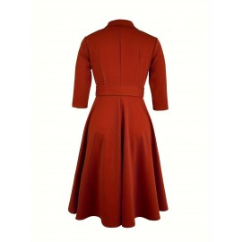 Single Breasted Three-quarter Sleeve Dress, Stylish Solid Lapel Collar Belted A-line Dress For Spring & Fall, Women's Clothing