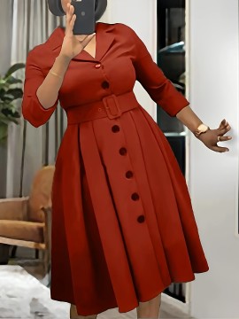 Single Breasted Three-quarter Sleeve Dress, Stylish Solid Lapel Collar Belted A-line Dress For Spring & Fall, Women's Clothing