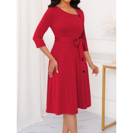 Elegant Slim Fit Solid Color Midi Dress with Waist Tie and Button Front - Chic Flared Silhouette, Long Sleeves, and Belted Waistband for a Sophisticated Look, A-Neck Style, Perfect for All Seasons, Stylish Women'S Dress, Perfect for Parties and Events