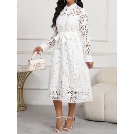 Spring/Autumn Women's Dress, Elegant Cut-Out Waist, Wedding/Date, Stand Collar White Lace Midi Dress WJ252