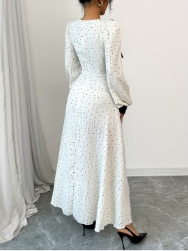 Women's Elegant Long Formal/Party/Office Dress - Flared A-Line Silhouette, Structured Non-Stretchy Fabric for Fall/Winter Events - Classic Women's Evening Gown, Elegant Evening Dresses, Formal Event Attire, Notched Collar Design, Decorative Bow Accent, Semitransparent Material