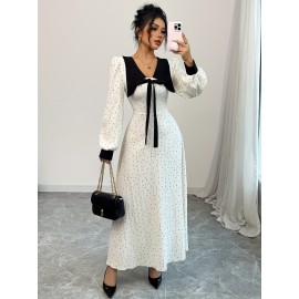 Women's Elegant Long Formal/Party/Office Dress - Flared A-Line Silhouette, Structured Non-Stretchy Fabric for Fall/Winter Events - Classic Women's Evening Gown, Elegant Evening Dresses, Formal Event Attire, Notched Collar Design, Decorative Bow Accent, Semitransparent Material