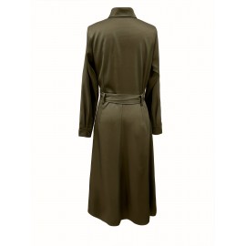 Elegant Slimming Waist-Cinching A-Line Dress with Button Detail - Polyester, Machine Washable - Perfect for All Seasons