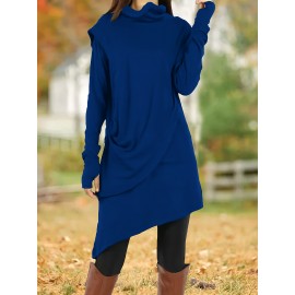 Women'S Fashion Long Sleeve High Neck Asymmetrical Tunic Dress, Solid Color, Polyester, Casual Style, Pencil Skirt, All-Season, Knit Fabric, Adult Size