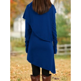 Women'S Fashion Long Sleeve High Neck Asymmetrical Tunic Dress, Solid Color, Polyester, Casual Style, Pencil Skirt, All-Season, Knit Fabric, Adult Size