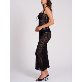 1pc Elegant Polyester Lace Sleeveless Maxi Dress for Women - Sexy Backless Bodycon Cami with Sweetheart Neckline, Solid Color, All-Season, Weave Knit Fabric