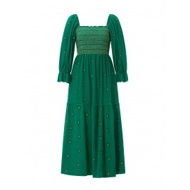 Women'S Floral Embroidered Maxi Dress with Puff Sleeves, Square Neck, Draped Tiered A-Line Skirt, 100% Polyester, Casual Summer Knit Fabric - Flowy Long Dress