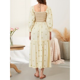 Women'S Floral Embroidered Maxi Dress with Puff Sleeves, Square Neck, Draped Tiered A-Line Skirt, 100% Polyester, Casual Summer Knit Fabric - Flowy Long Dress