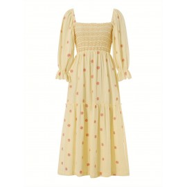 Women'S Floral Embroidered Maxi Dress with Puff Sleeves, Square Neck, Draped Tiered A-Line Skirt, 100% Polyester, Casual Summer Knit Fabric - Flowy Long Dress