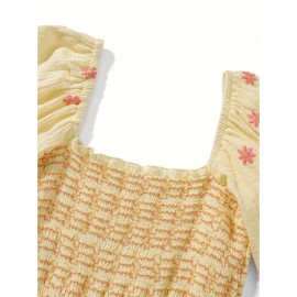 Women'S Floral Embroidered Maxi Dress with Puff Sleeves, Square Neck, Draped Tiered A-Line Skirt, 100% Polyester, Casual Summer Knit Fabric - Flowy Long Dress