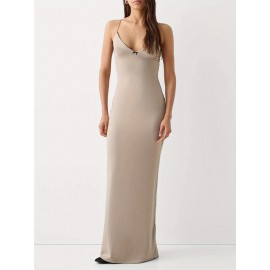 1pc Elegant Solid Color Slingback Evening Gown for Women - Off the Shoulder V-Neck Sleeveless Fitted Spaghetti Strap Long Dress - Woven Fabric for Spring/Summer/Fall