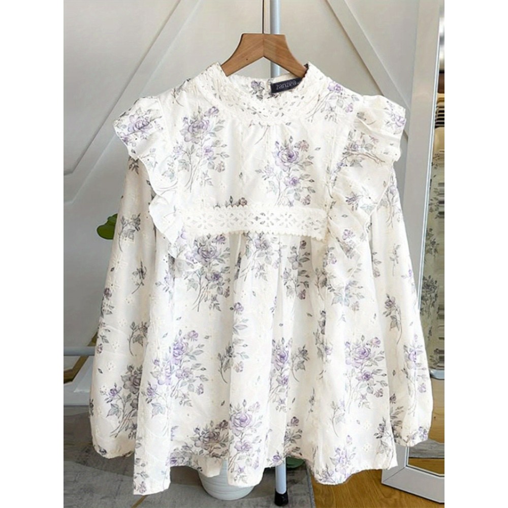 [Floral Lace Blouse] Plus Size, Women's Plus Size Blouse - Floral Lace Accent Shirt With Stand Collar - Lightweight Elegant Office & Party Top - Non-See-Through Formal & Casual Outfits - Machine Washable Women's Clothing By ZANZEA