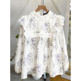 [Floral Lace Blouse] Plus Size, Women's Plus Size Blouse - Floral Lace Accent Shirt With Stand Collar - Lightweight Elegant Office & Party Top - Non-See-Through Formal & Casual Outfits - Machine Washable Women's Clothing By ZANZEA