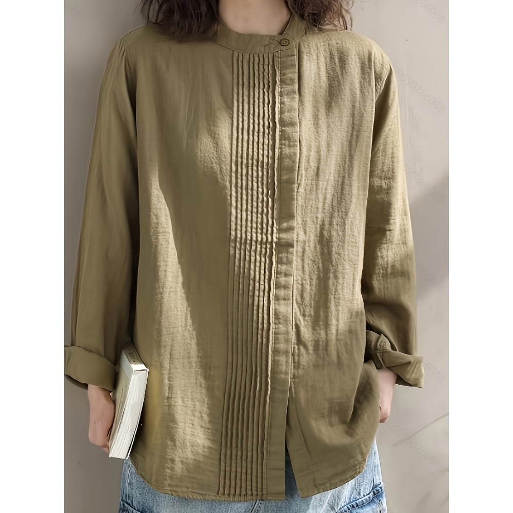 Plus Size - Women'S Casual Loose Fit Side Stand Collar Pleated Blouse - Solid Color Button-Up Shirt with Ribbed Texture, Long Sleeves, and Button Details for All-Season Wear, Versatile Fashion | Relaxed Fit Shirt | Nonstretch Fabric