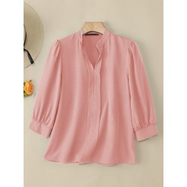 Plus Size - ZANZEA Women'S Elegant 3/4 Lantern Sleeve Stand Collar Blouse - Lightweight Non-Stretch Solid Color Casual Shirt with Button Front, All-match Leisure Top For Plus Size, Versatile Clothing