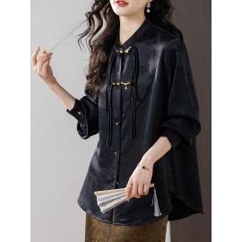 Plus Size - Women'S Elegant Chinese Blouse - Classic White Button-Front Shirt with Rounded Neckline, Non-Transparent Formal & Everyday Blouse for Office, Wedding, Party - Spring/Fall Women'S Clothing - Elegant Traditional Asian Attire, Chinese Style Clothing, Office Wear, Nontransparent Fabric, Wedding Attire, Vintage Design, Durable Material, Stylish Top, Fashion Lovers, Office Attire, Long Sleeve Shirt, Detail, Professional Women