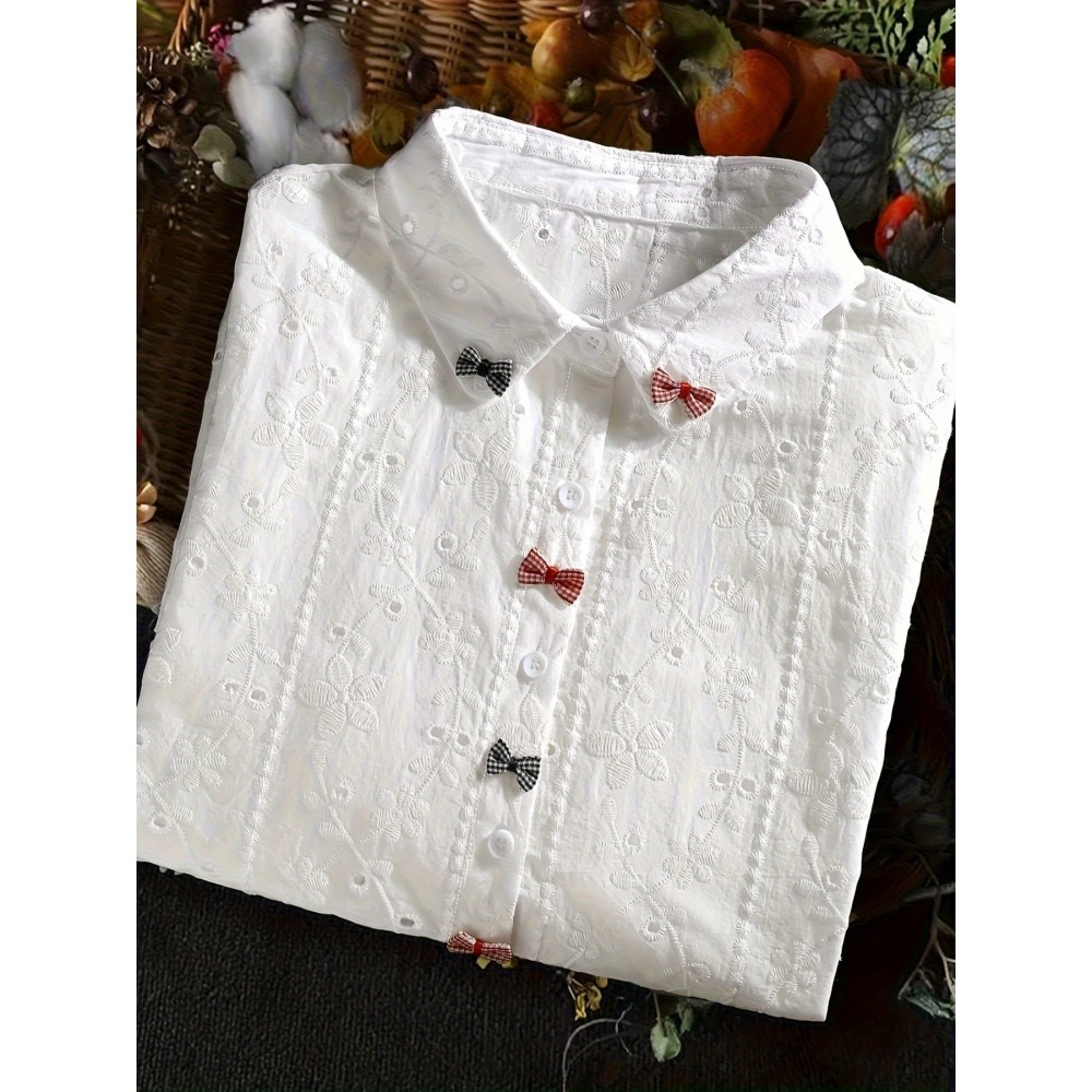 Plus Size, Women's Plus Size Elegant Blouse - Loose Fit Button-Front Placket Shirt with Red Accents, Breathable Semi-Sheer Top for Formal & Everyday Outfits - Machine Washable Non-Stretch Elegant Blouse