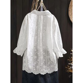 Plus Size, Women's Plus Size Elegant Blouse - Loose Fit Button-Front Placket Shirt with Red Accents, Breathable Semi-Sheer Top for Formal & Everyday Outfits - Machine Washable Non-Stretch Elegant Blouse