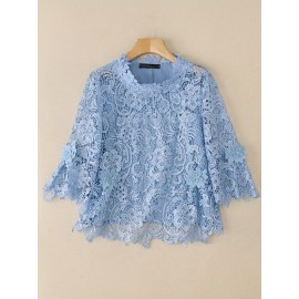 Plus Size - Plus Size, ZANZEA Women'S Elegant Lace Sleeve Blouse - Lightweight Non-Stretchy Solid Pink/Red - Structured Waist & Flared Hem, Crew Neck Blouse For Wedding, Party, Everyday - All-match Women'S Tops, Lace Blouse