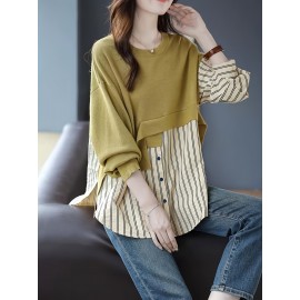 [Plus Size Women's Stylish] Plus Size Women's Stylish Fashionable Round Neck Spliced Striped Shirt Top | Button Up Long Sleeves Evening Tops Blouses High Quality