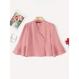 Plus Size, ZANZEA Women's Plus Size Elegant Blouse - 3/4 Length Ruffle Sleeve Office Shirt with Front Button Closure, Loose Fit All-Match White Collar Top, Machine Washable Workwear & Commuter Blouse for Professional Attire