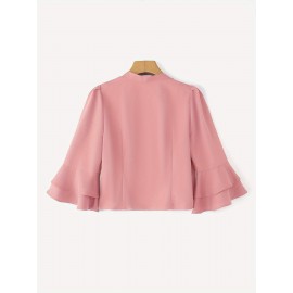 Plus Size, ZANZEA Women's Plus Size Elegant Blouse - 3/4 Length Ruffle Sleeve Office Shirt with Front Button Closure, Loose Fit All-Match White Collar Top, Machine Washable Workwear & Commuter Blouse for Professional Attire