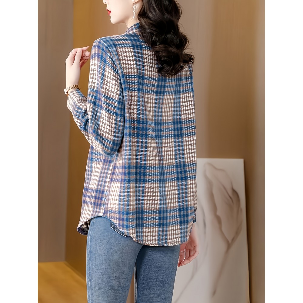 Plus Size - Women'S Plus Size Oversized Plaid Flannel Shirt - Elegant Long Sleeve Button-Up with Checkered Pattern, Non-Stretch Fabric, Classic Collar, Versatile Fall/Winter Casual Top, Autumn Winter Apparel | Elegant Casualwear | Nonstretch Material