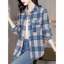 Plus Size - Women'S Plus Size Oversized Plaid Flannel Shirt - Elegant Long Sleeve Button-Up with Checkered Pattern, Non-Stretch Fabric, Classic Collar, Versatile Fall/Winter Casual Top, Autumn Winter Apparel | Elegant Casualwear | Nonstretch Material